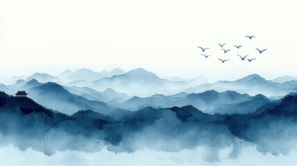 Misty mountain landscape painting