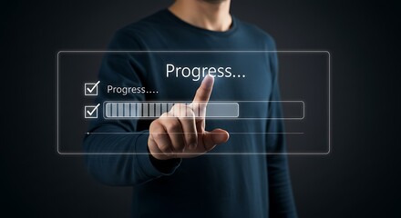 Man touches progress bar on digital screen, indicating loading or updating