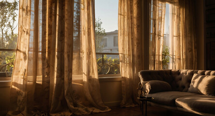Sunlight streams through sheer curtains into a living room with a tufted sofa, illuminating the warm interior and a glimpse of a building outside.