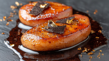 Seared foie gras with truffle and gold leaf on a dark slate serving board with reduction sauce.