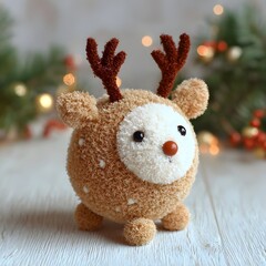 Cute Plush Reindeer Christmas Ornament on a Wooden Surface with Bokeh Background