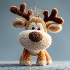 Cute Plush Reindeer Toy with Big Nose and Antlers on Blue Background