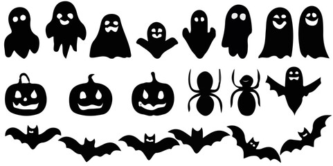 Set of Halloween ghost pumpkin bat spider silhouette icons