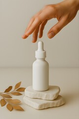 Skincare product with dropper bottle on stone display with hand reaching down