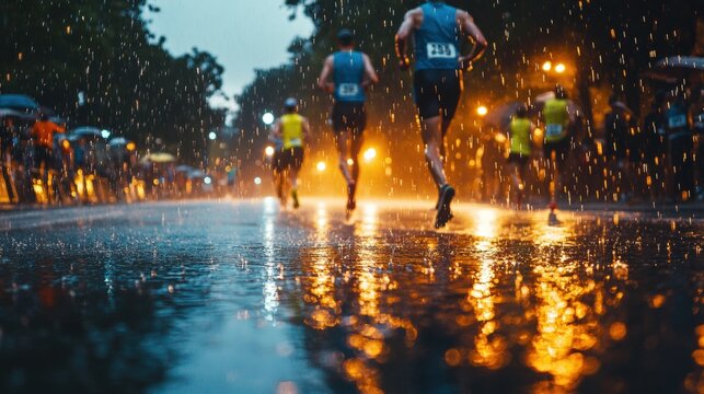 Runners in Rainy Evening Race, Dynamic Motion with Reflections and Warm Lights in City Environment