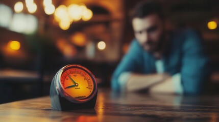 a declining credit score meter and anxious borrower, background blur,