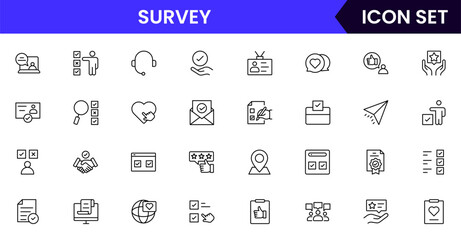 Survey vector line icons featuring questionnaires, check boxes, charts, data collection, feedback forms, analysis, polls, responses, and statistical insights.