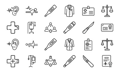 Professional Medical and Healthcare Icon Set &ndash; Line Art Collection Featuring Doctors, Equipment, Thermometers, CPR, and Certification Symbols