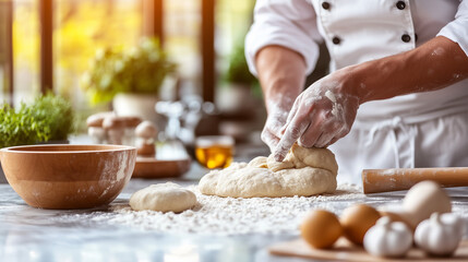 Fototapeta premium Baker in white uniform kneads dough on a floured countertop in a bright kitchen, preparing to bake bread or pastry.