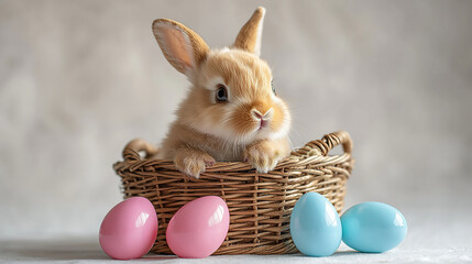 Easter bunny sits in basket with pastel eggs. Festive holiday scene, ideal for cards, web, design projects, or springtime marketing.