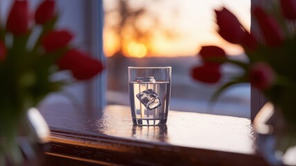 Refreshing water glass near a window with flowers during sunset time