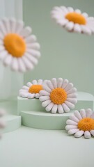 Elegant pastel composition featuring handmade daisy flowers on minimal podiums