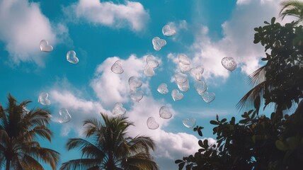 Tropical Romance: Transparent Heart Balloons Ascending into a Bright Blue Sky