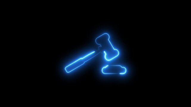 Glowing neon auction hammer icon. Hammer hitting the judge's wooden gavel, gavel icon animation .