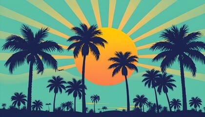Naklejka premium Sunset over tropical palm trees beachside location nature scene vibrant atmosphere