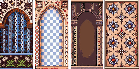 Four ornate architectural elements with decorative patterns and windows
