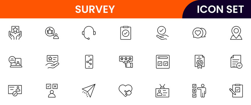 Survey vector line icons featuring questionnaires, check boxes, charts, data collection, feedback forms, analysis, polls, responses, and statistical insights.