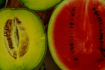 Sliced melon and watermelon close-up