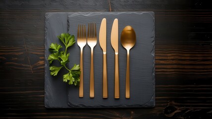 Elegant golden cutlery arrangement on dark slate with fresh parsley accent