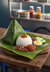 Traditional Nasi Lemak Wrapped in Banana Leaf