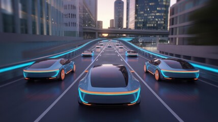 Futuristic concept of autonomous vehicles driving on a cityscape highway