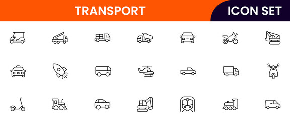 Transport vector line icons featuring cars, buses, trains, airplanes, bicycles, shipping, logistics, maps, routes, and travel infrastructure symbols.