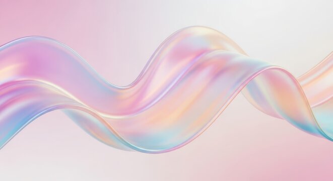 Photo of an abstract iridescent wave of pastel colors flows smoothly against a soft pink background