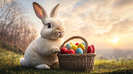 Rabbit sits with Easter basket in grass.  Holiday concept for marketing, web, print. Cute animal, spring, eggs, sunset background.