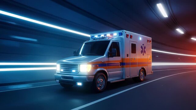 Ambulance speeding through tunnel with motion blur and futuristic neon light effect, conveying