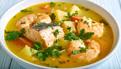 Delicious fish soup with shrimp, potatoes, carrots and parsley, served in a bowl