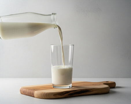 Fresh milk being poured from a glass bottle into a clear glass on a wooden board with a minimalist background - Powered by Adobe