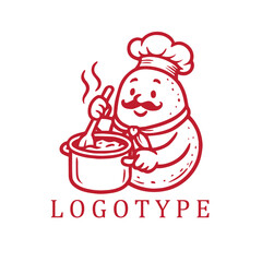 Simple cartoon logo of a chubby potato chef stirring soup in a large pot, drawn in bold red and white outlines.