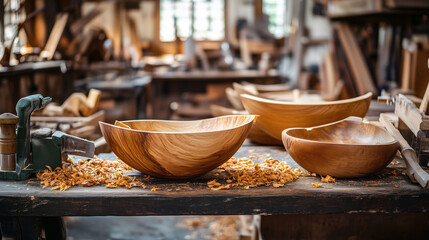 Fototapeta premium Handcrafted wooden bowls and shavings resting on a rustic workbench in a wood shop setting, illuminated by natural light.