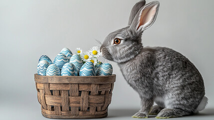 Rabbit sniffs daisies in Easter basket. Marketing, design, web use.