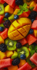 Obraz premium Fresh mango and blackberry fruit salad, featuring juicy watermelon cubes, vibrant kiwi slices, plump blueberries and fragrant mint leaves, served in a clear glass bowl.