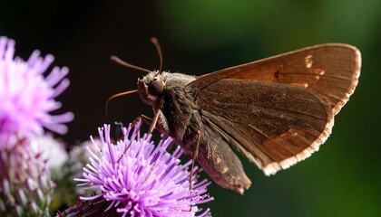 Closeup of a charming brown butterfly resting gently on a vibrant purple thistle