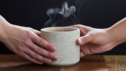 Hands holding a cup of steaming beverage, offering warmth and comfort