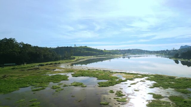 Serene Aerial Flight Over Lake Gregory In Scenic Nuwara Eliya Hills