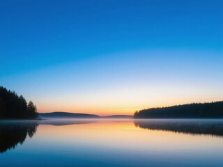 Calm Lake at Dawn with Reflective Water and Silhouetted Trees