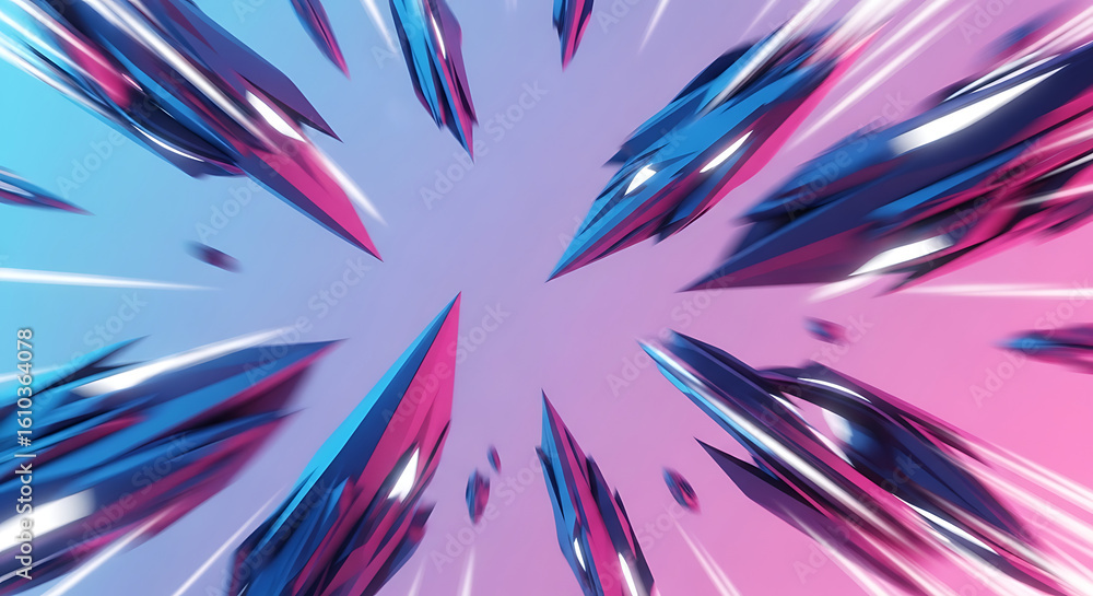 Poster abstract shapes in pink and blue with motion lines converging towards the center of the frame