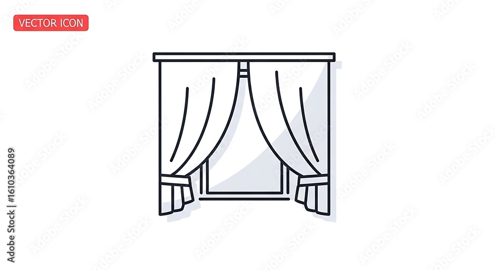 Poster a line drawing of a window with curtains hanging on either side and a rod up top in black and white