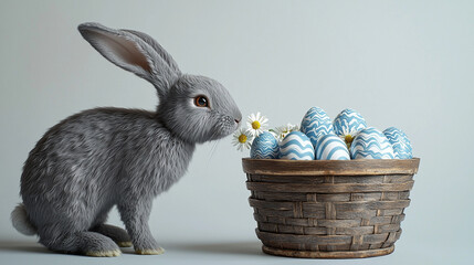Easter Bunny sniffs daisies near basket. Use for springtime, marketing, graphic design, editorial.