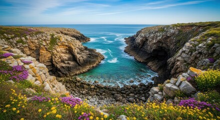 Coastal cliffs overlook turquoise ocean with wildflowers