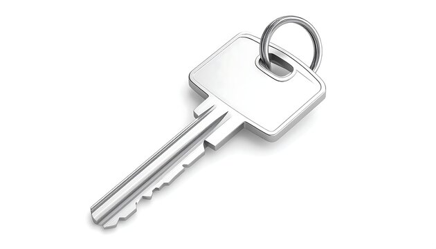 A single, silver key with a blank rectangular tag and a metal ring - Powered by Adobe