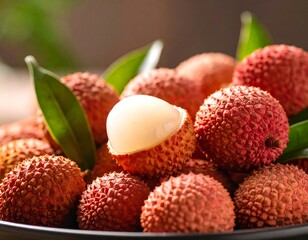 Close-up of vibrant lychee fruit with textured skin and translucent flesh display