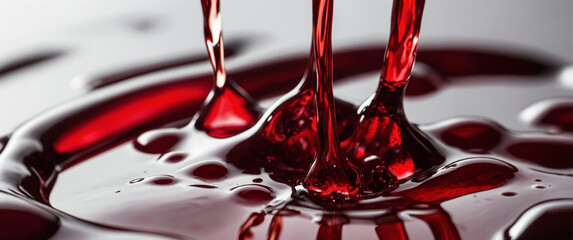 Dark red liquid being poured, creating drips and a pool of fluid on a light surface.