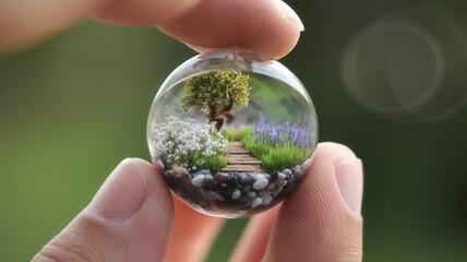 Miniature garden in a glass globe held between fingertips capturing natural beauty