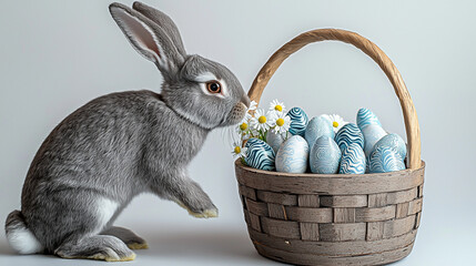 Rabbit sniffs Easter eggs in basket. Whimsical, Spring holiday imagery. Perfect for marketing, web design.