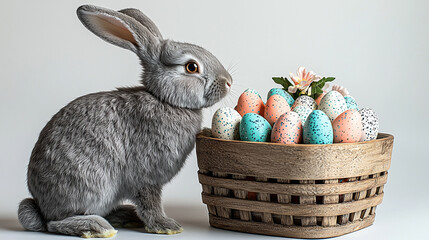 Bunny guards Easter basket with eggs. Festive spring design element for marketing, web, editorial.
