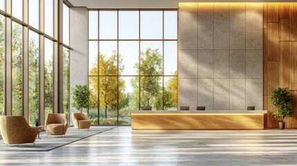 Modern office reception area with natural light